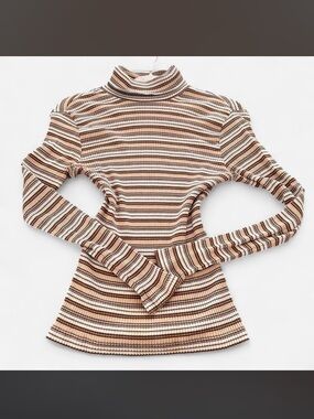 Striped Ribbed Turtleneck Top in Cream and Brown